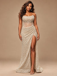 Gold Sequin Strapless Corset Prom Dress with High Slit