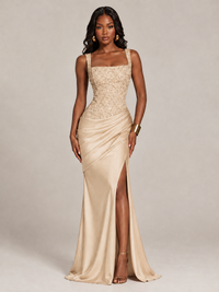 Scoop Neck Sequin Prom Dress with High Slit Satin Formal Gowns