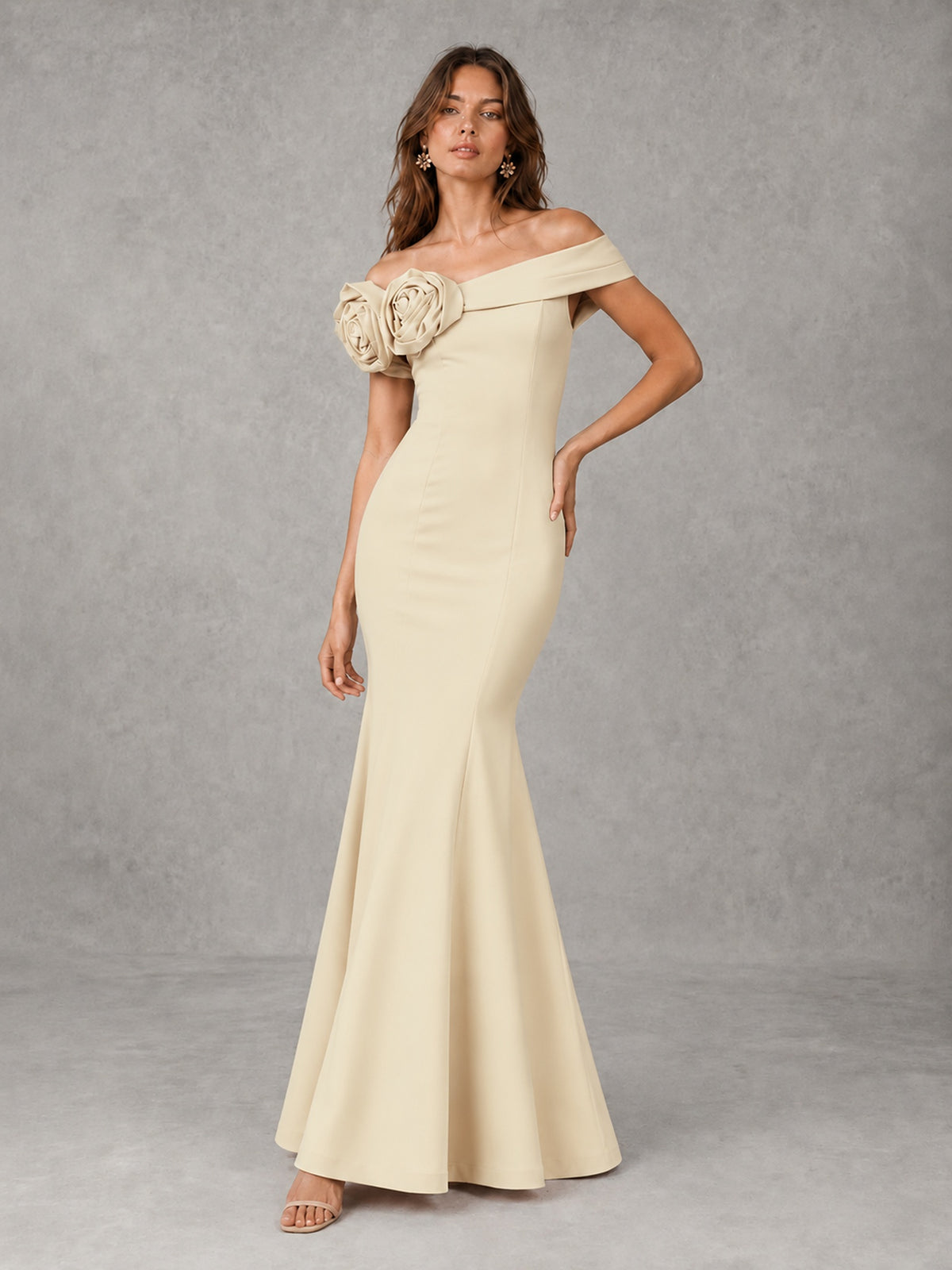 Blush Pink Off Shoulder Mermaid Bridesmaid Dress with Floral Rosette