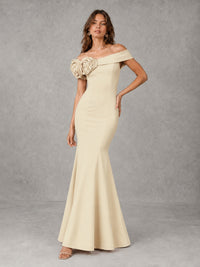 Blush Pink Off Shoulder Mermaid Bridesmaid Dress with Floral Rosette