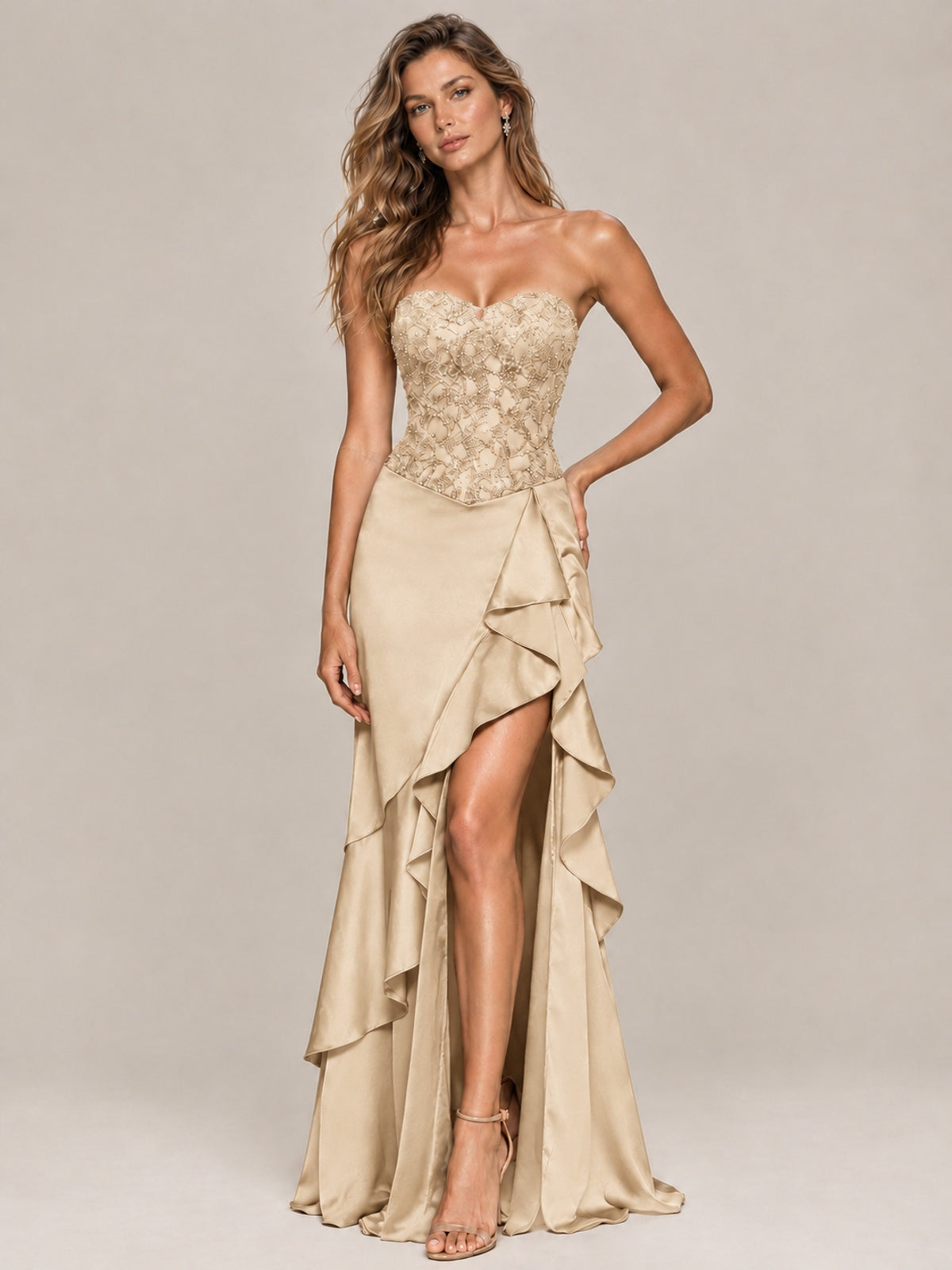 Strapless Lace Appliques Corset Satin Prom Dress Ruffle Slit Evening Gown