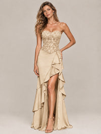 Strapless Lace Appliques Corset Satin Prom Dress Ruffle Slit Evening Gown