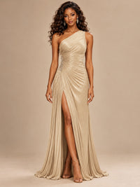 Burgundy One Shoulder Ruched Prom Dress with High Slit & Beaded Waist