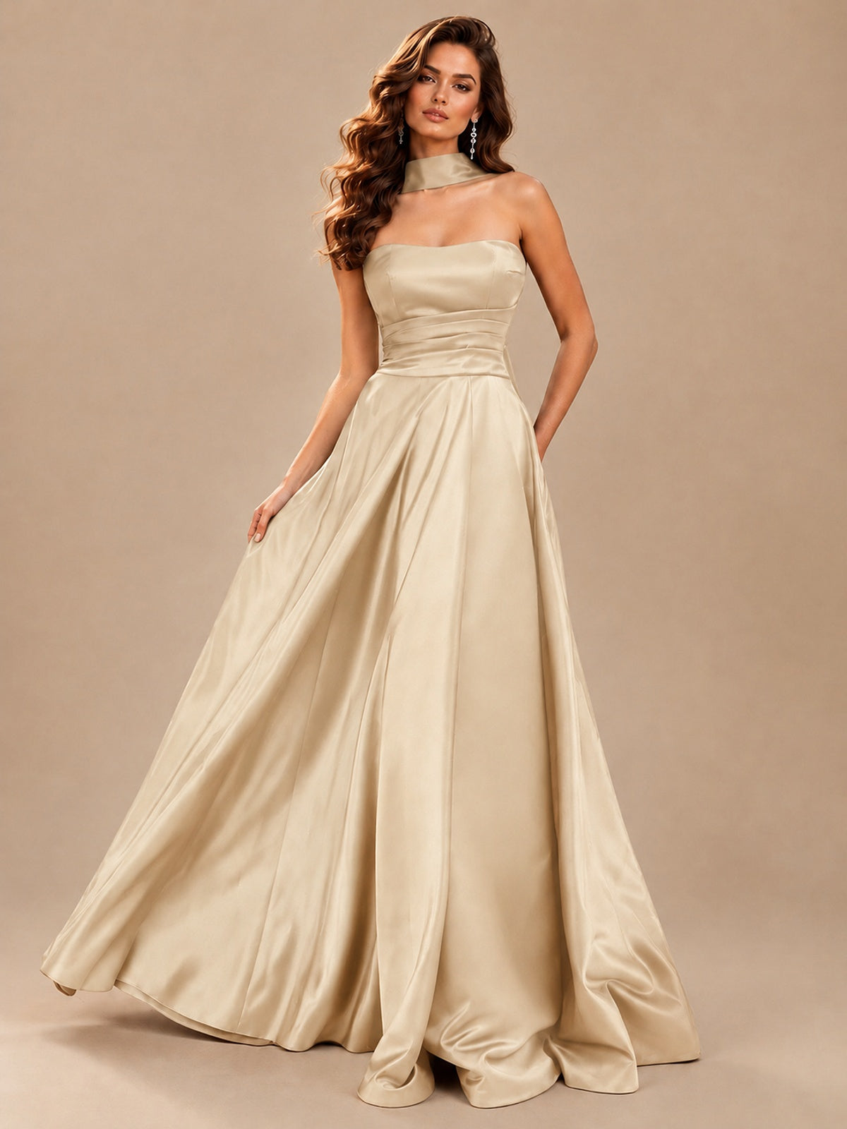 Strapless Prom Dress Side High Slit A-line Formal Dress with Scarf