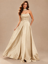 Strapless Prom Dress Side High Slit A-line Formal Dress with Scarf