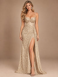 Burgundy Sequin Corset Prom Dress with High Slit