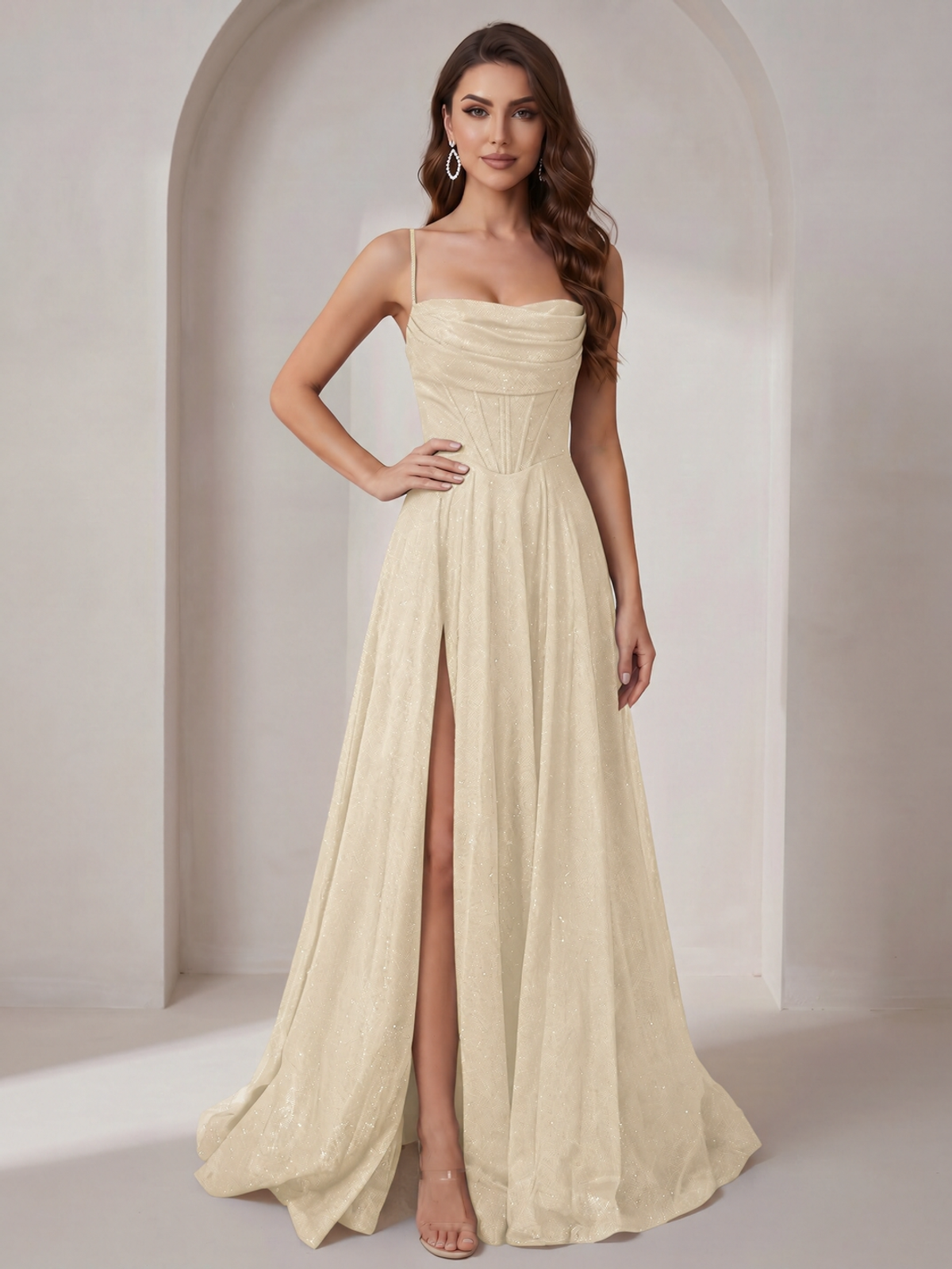 Champagne Sparkly Cowl Neck Corset Long Prom Dress with Slit A-line Tulle Ball Gown Formal Evning Party Dress