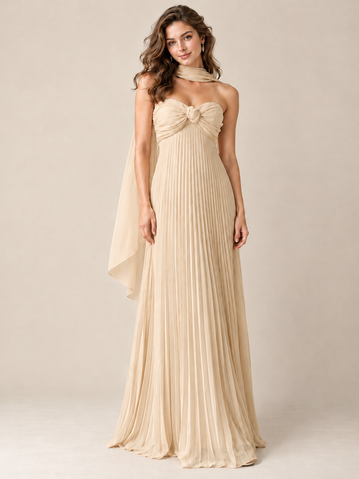Sweetheart Neckline Pleated Prom Dress Strapless A-line Formal Dress with Flowy Scarf