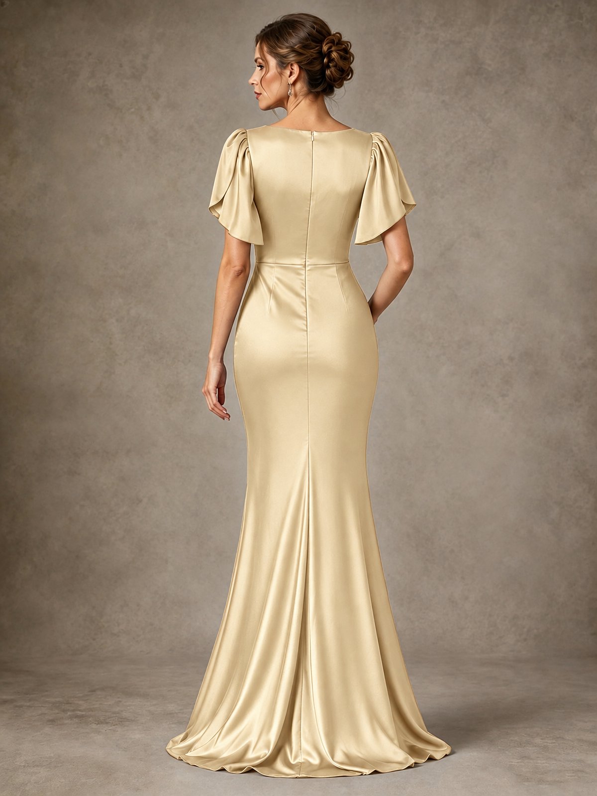 V-Neck Satin Mother of the Bride Dress with Flutter Sleeves