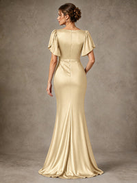 V-Neck Satin Mother of the Bride Dress with Flutter Sleeves