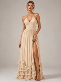 Halter V Neck Chiffon Formal Dress with Lace-Up Back and Ruffle Hem