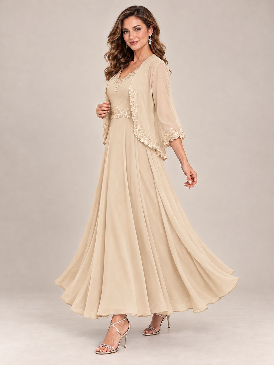 Dusty Blue Floral Lace Chiffon Mother of the Bride Dress with Jacket