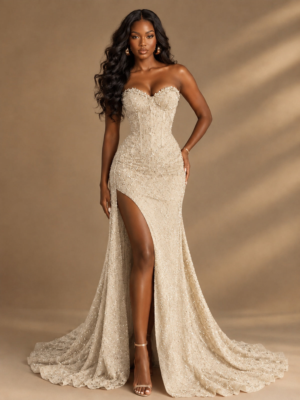 Beaded Sequin Prom Dress Strapless Formal Gowns with High Slit Train