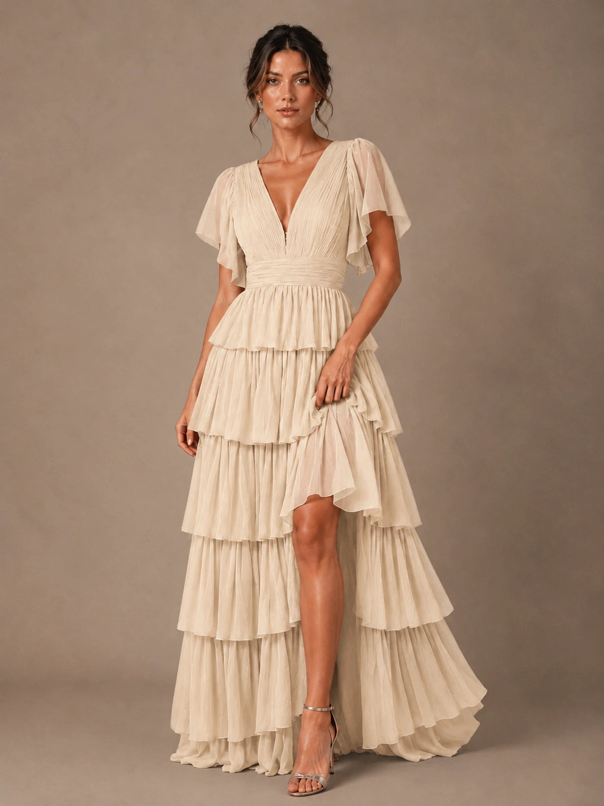 Chiffon V-Neck Tiered Ruffle Bridesmaid Dress with Slit