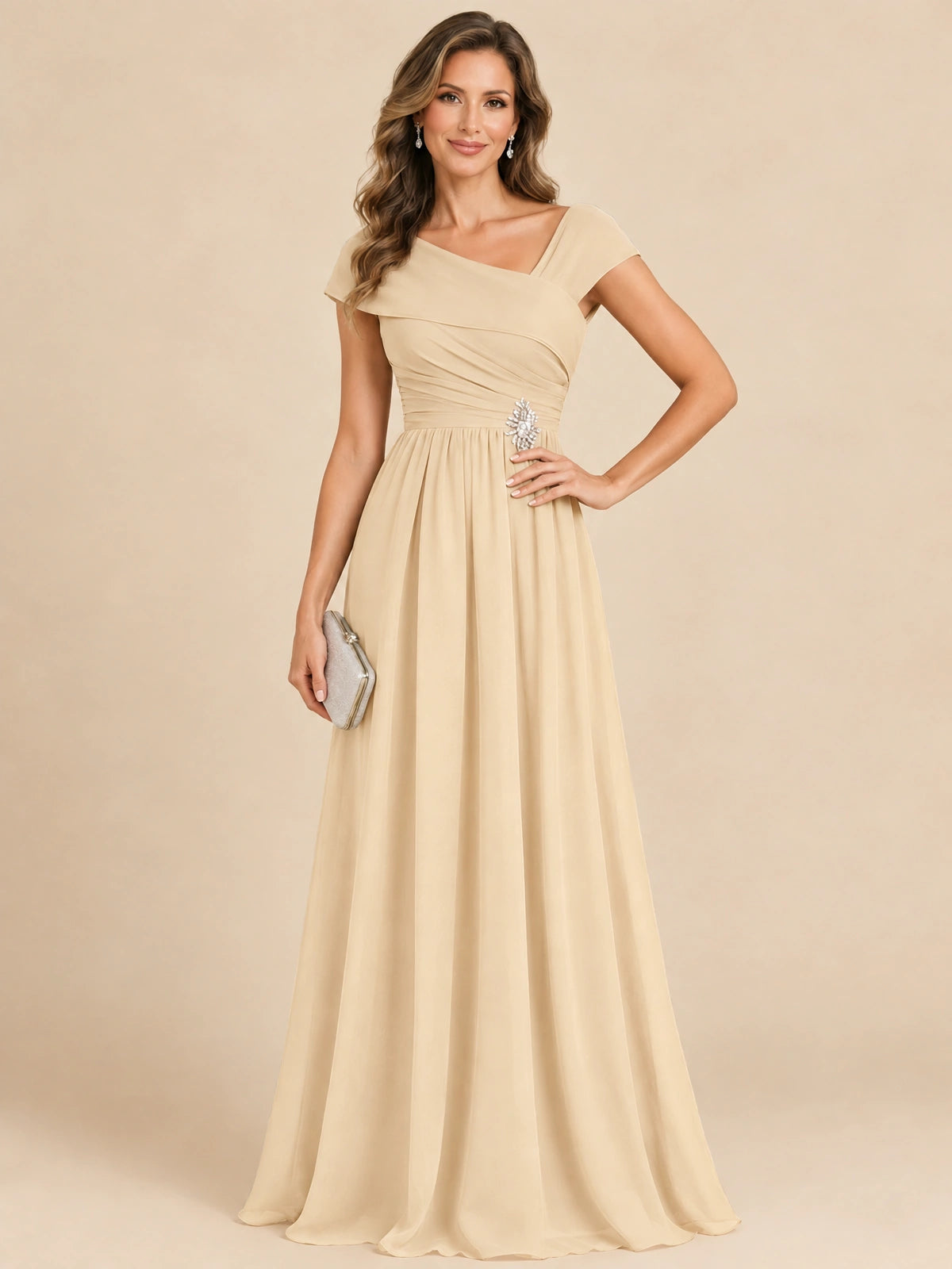 Cap Sleeve Mother of The Bride Dresses Long Chiffon Formal Gowns