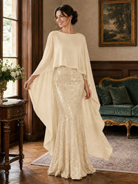Sequin 2 Pieces Mother of the Bride Dress with Cap Sleeves Chiffon Formal Gowns