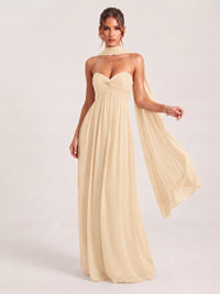 Champagne Strapless Ruched Chiffon Long Prom Dress with Scarf A-line Sweetheart Ruffled Formal Wedding Guest Dress Evening Gown