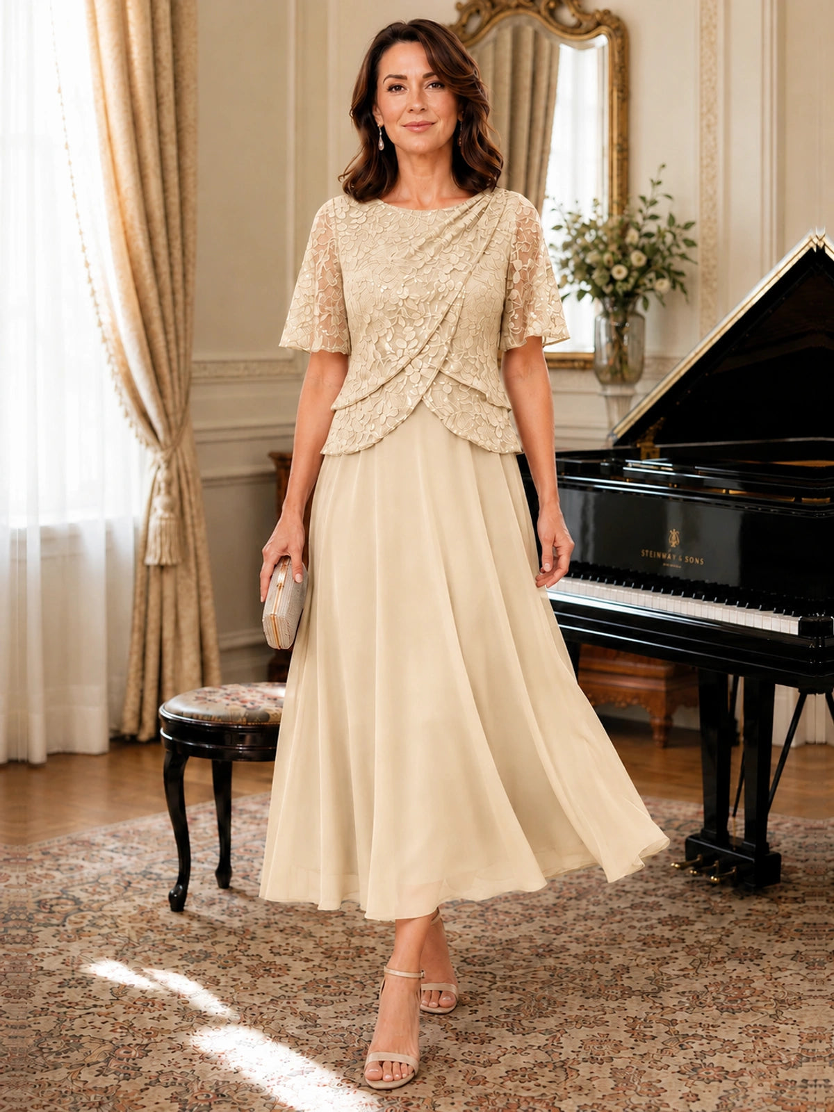 Tea-Length Chiffon Mother of the Bride Dress with Sequin Lace Sleeves