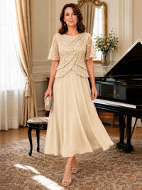 Tea-Length Chiffon Mother of the Bride Dress with Sequin Lace Sleeves