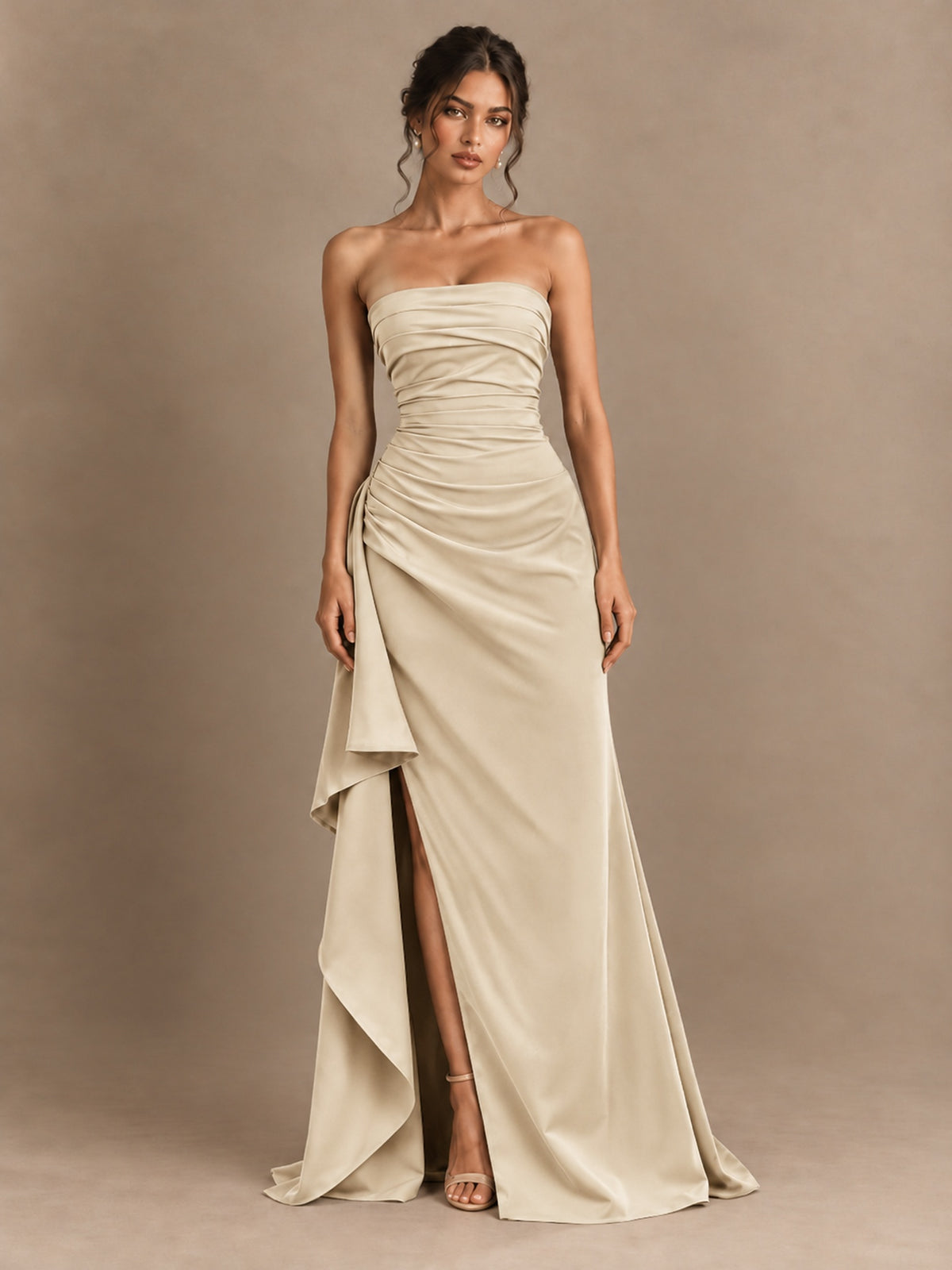 Black and White Strapless Ruched Prom Dress with High Slit & Side Drape