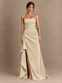 Black and White Strapless Ruched Prom Dress with High Slit & Side Drape