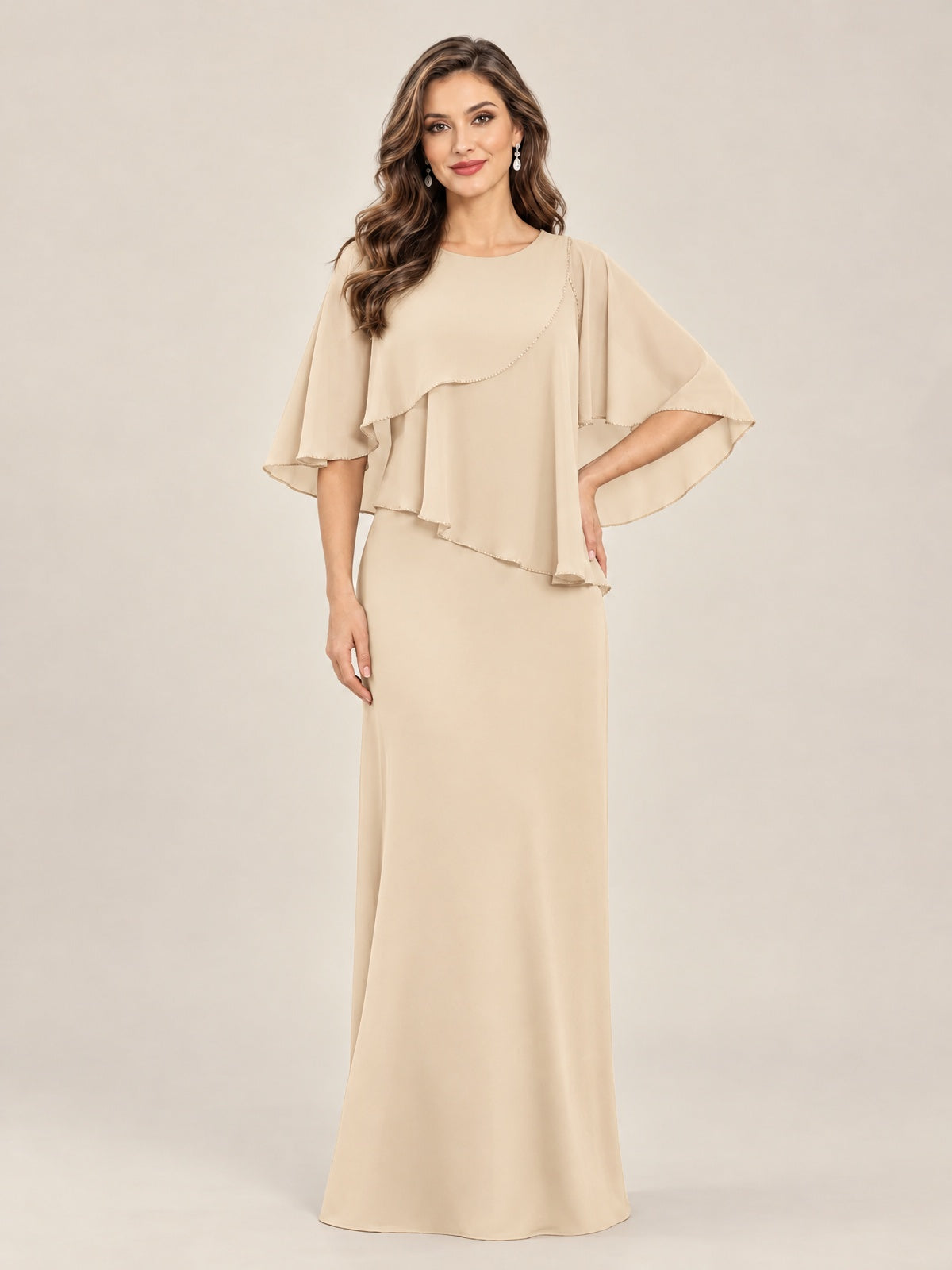 Champagne-Chiffon 2 Piece A Line Mother of The Bride Dresses with Cape