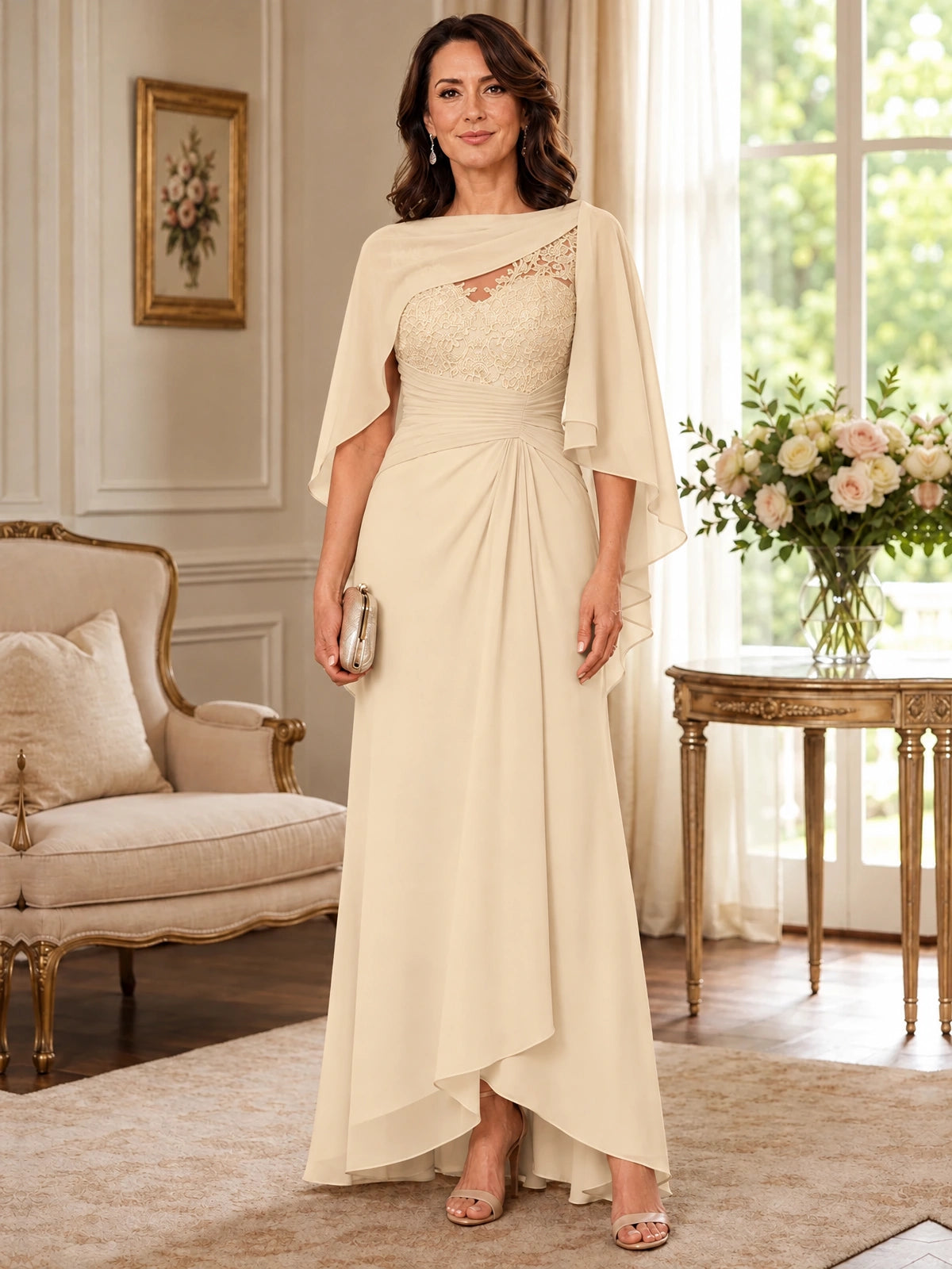 Elegant Chiffon Mother of the Bride Dress with Lace Applique and Cape Sleeves