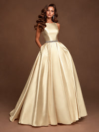 Satin A-Line Prom Dress Sleeveless Beaded Waist Formal Gown with Pockets