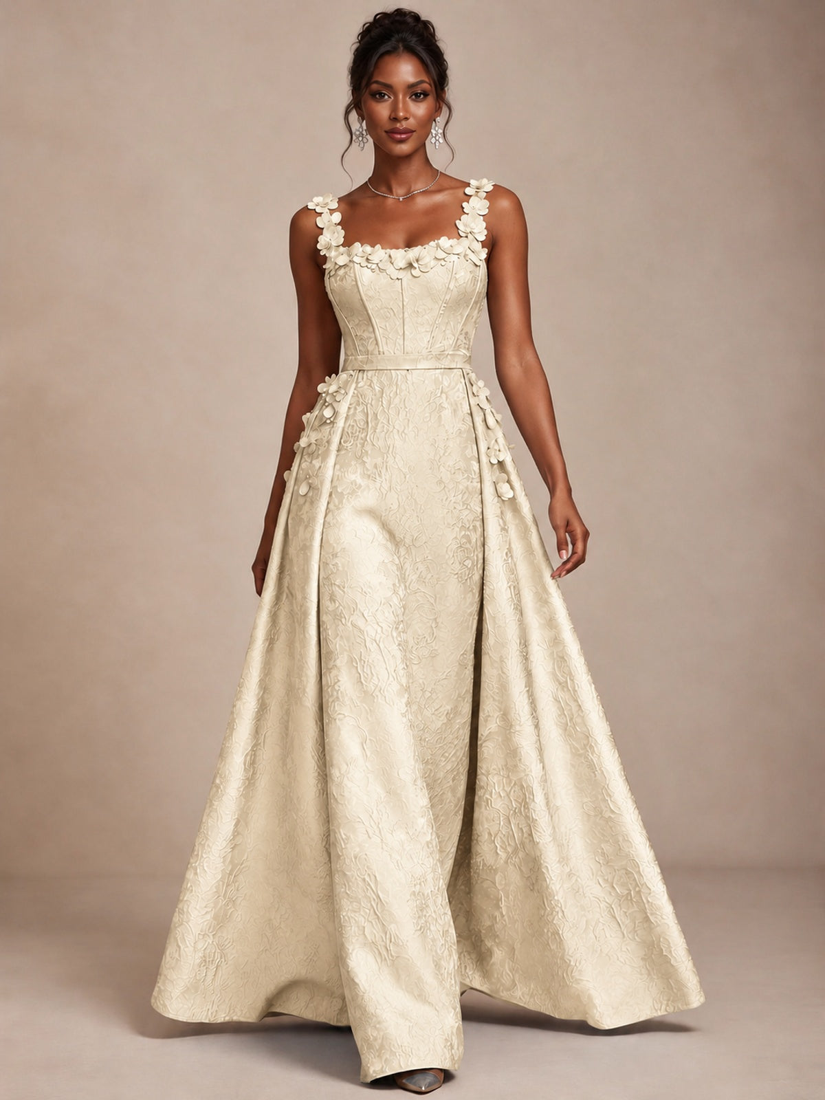Light Blue 3D Floral Jacquard Prom Dress with Detachable Overskirt Corset Gown