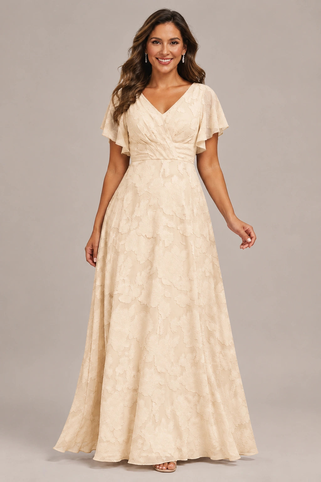 Jovellee Floral Chiffon A-Line Mother of the Bride Dress with Flutter Sleeves