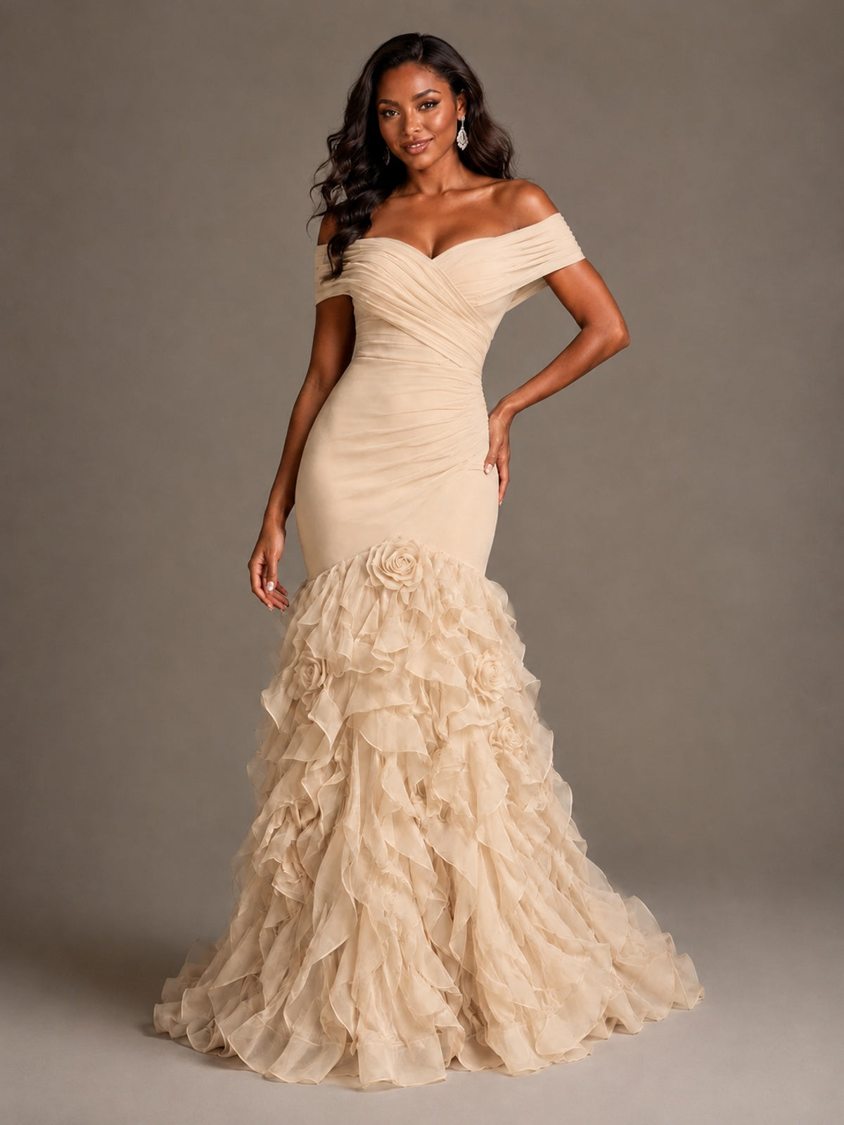 Pink Off-the-Shoulder Mermaid Prom Dress with Ruffles 3D Flowers