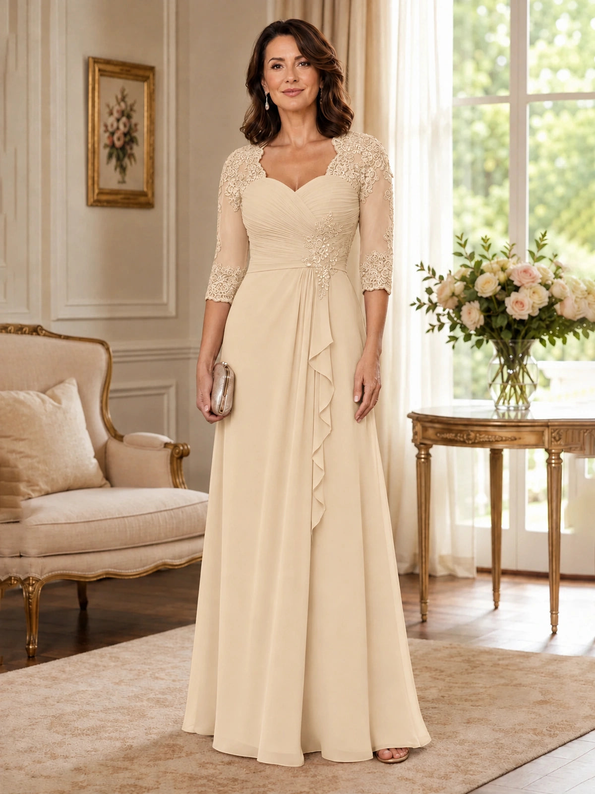 Chiffon Lace Applique Mother of the Bride Dress with 3/4 Sleeves