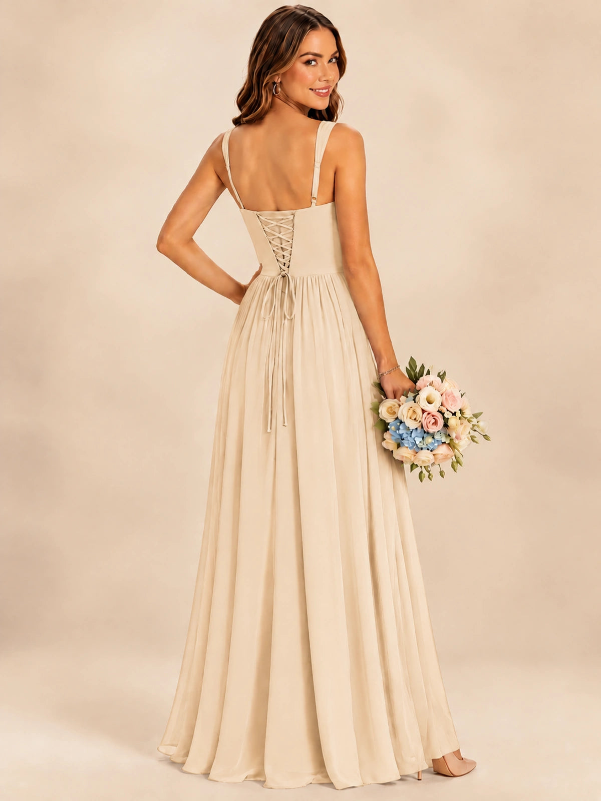 Spaghetti Straps Pleated Chiffon Bridesmaid Dress with Ruffle Slit