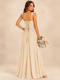 Spaghetti Straps Pleated Chiffon Bridesmaid Dress with Ruffle Slit