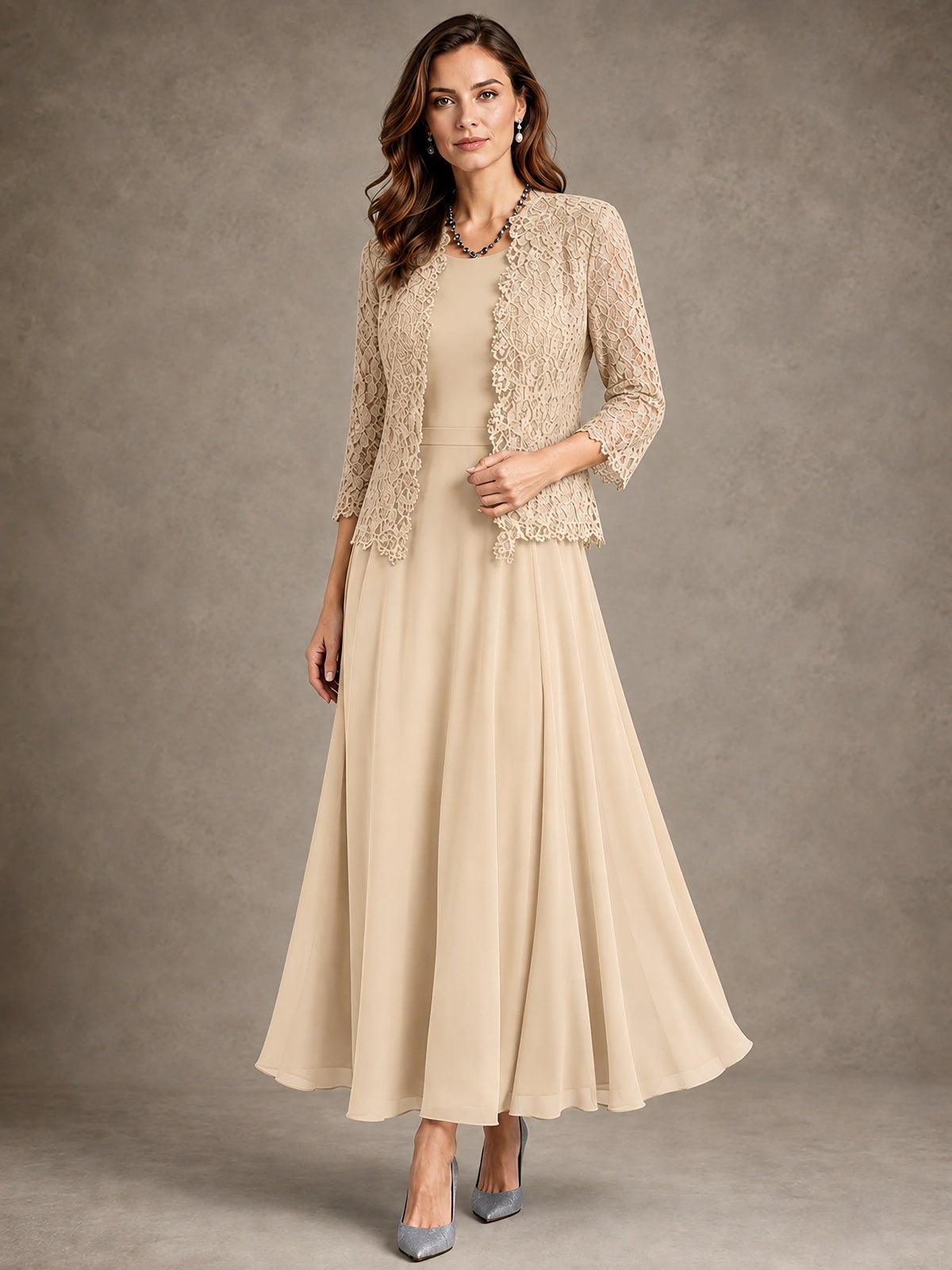 2-Piece Chiffon Mother of the Bride Dress with Lace Jacket