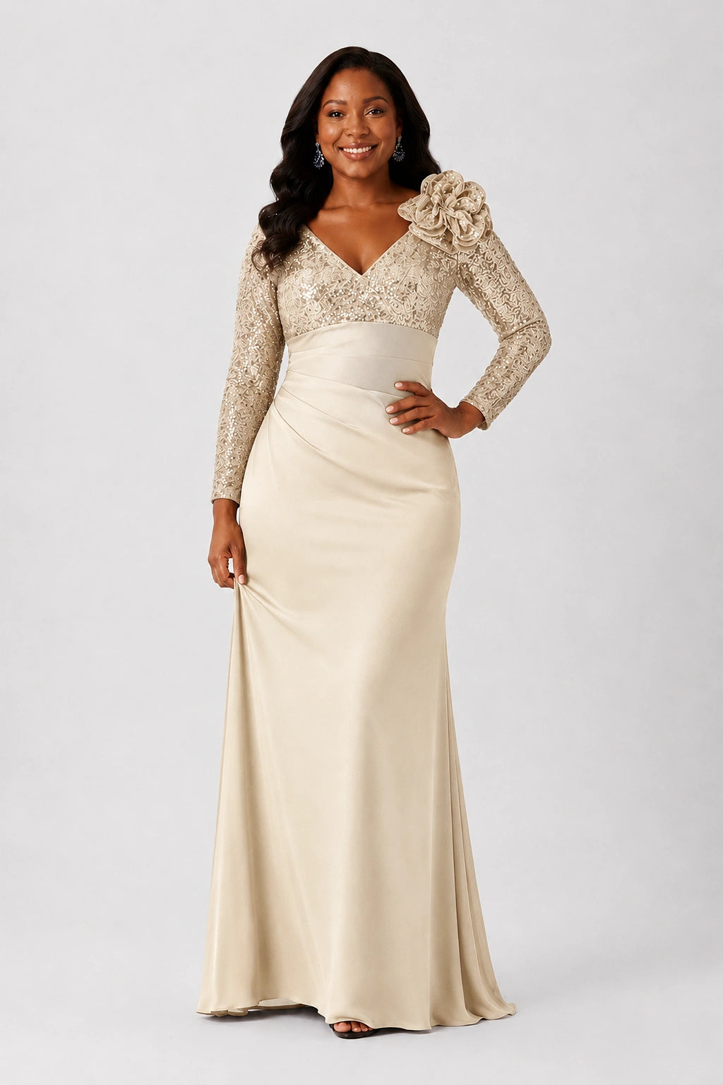 Sequin Mother of the Bride Dress with Long Sleeves 3D Floral V-Neck Gown