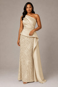 One-Shoulder Mother of the Bride Dress with Sequin Skirt and Peplum