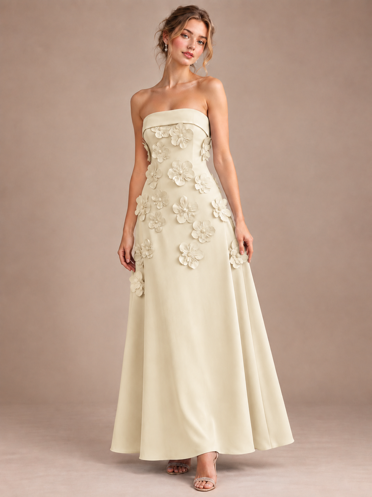 Champagne Strapless 3D Floral Appliques Maxi Dress