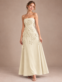 Champagne Strapless 3D Floral Appliques Maxi Dress