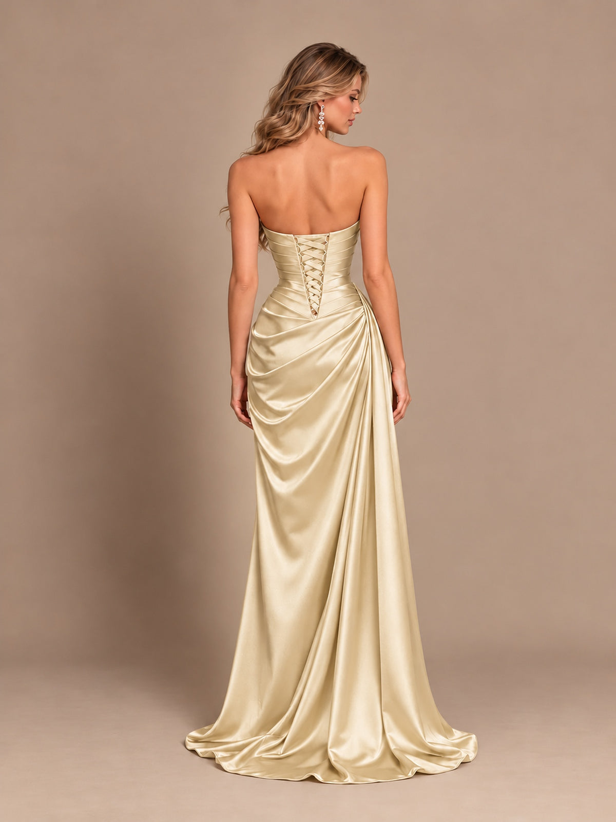 Dusty Blue Strapless Satin Prom Dress with Ruched Bodice and Slit