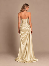 Dusty Blue Strapless Satin Prom Dress with Ruched Bodice and Slit