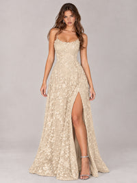 Floral Lace A-Line Prom Dress with Spaghetti Straps & High Slit