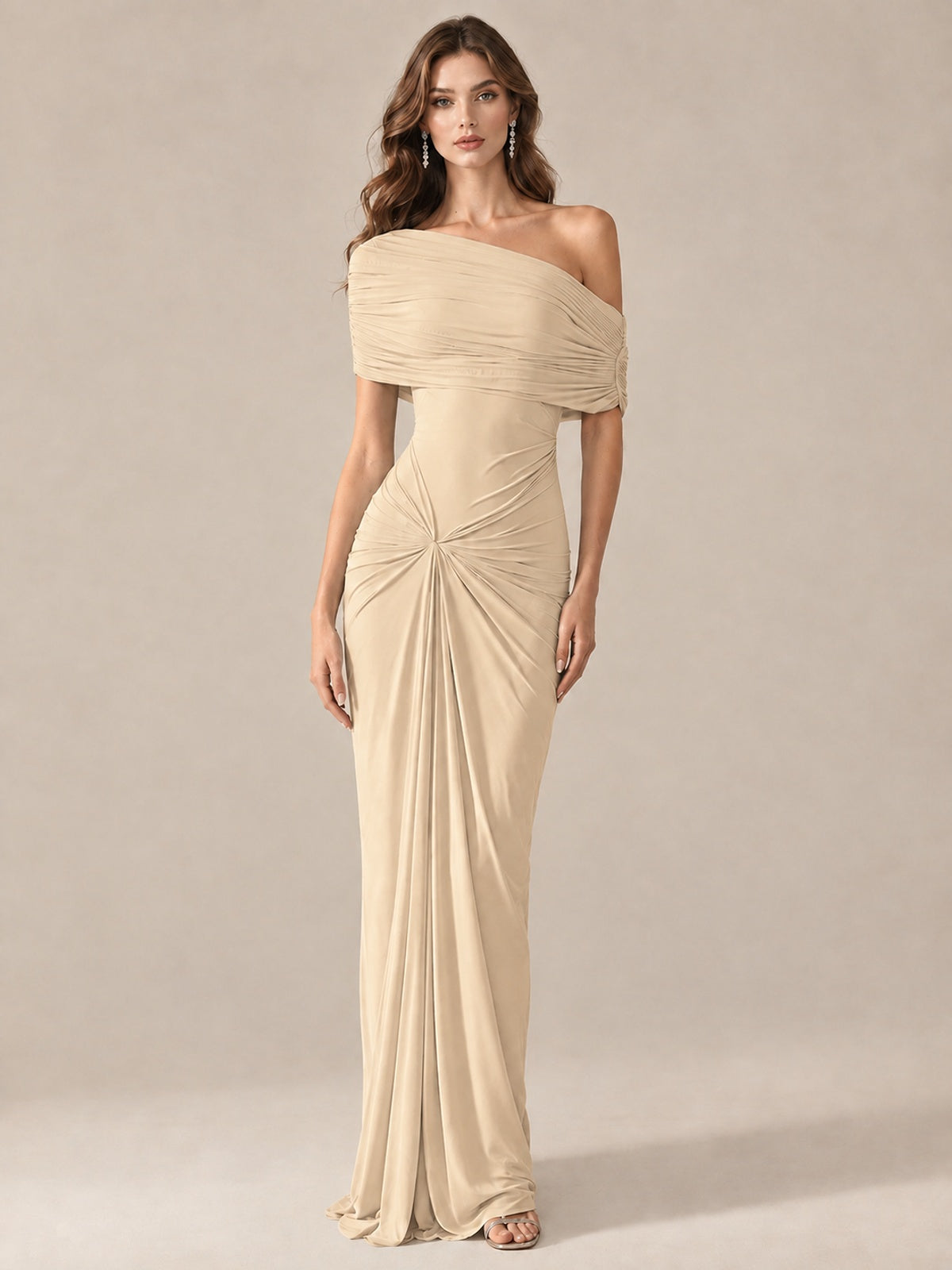 Elegant Draped Off Shoulder Ruched Mermaid Chiffon Formal Evening Gown