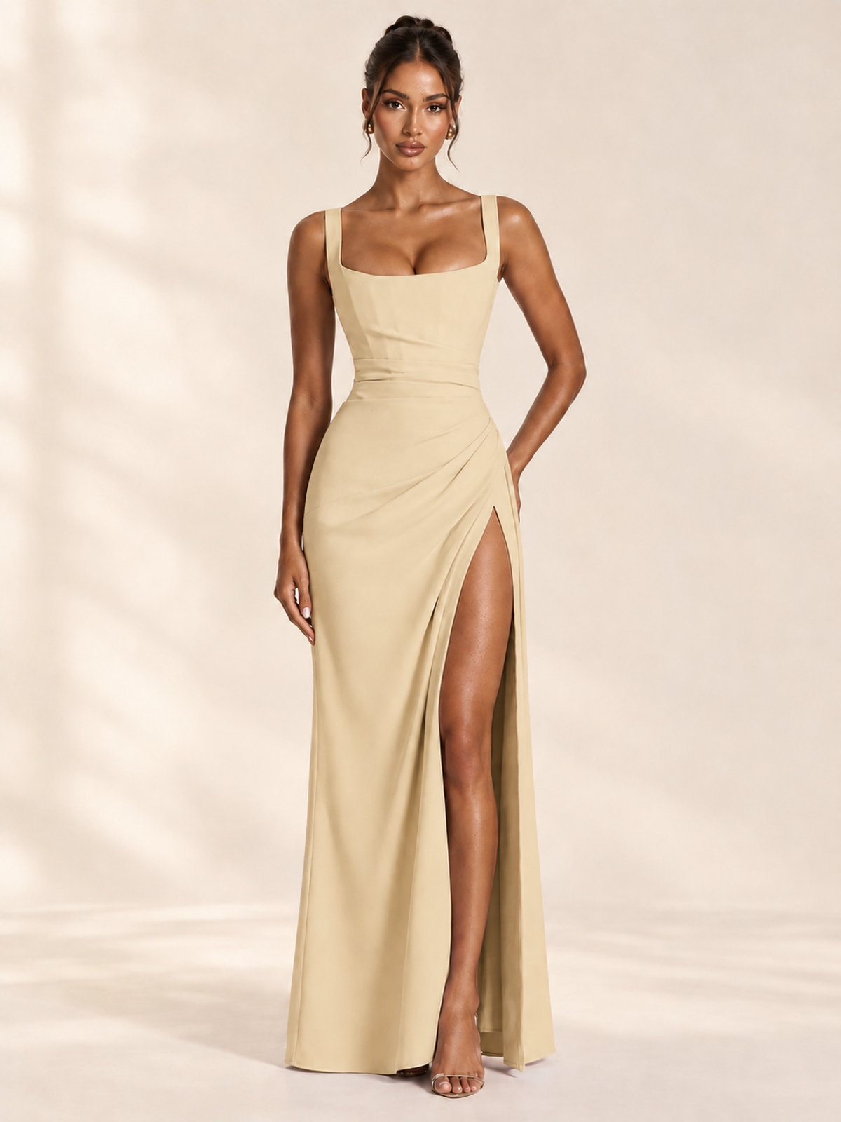 Square Neck Satin Sleeveless Ruched Prom Dress with High Slit