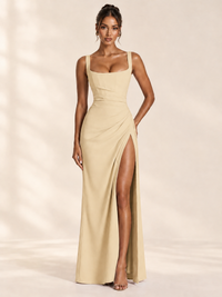 Square Neck Satin Sleeveless Ruched Prom Dress with High Slit