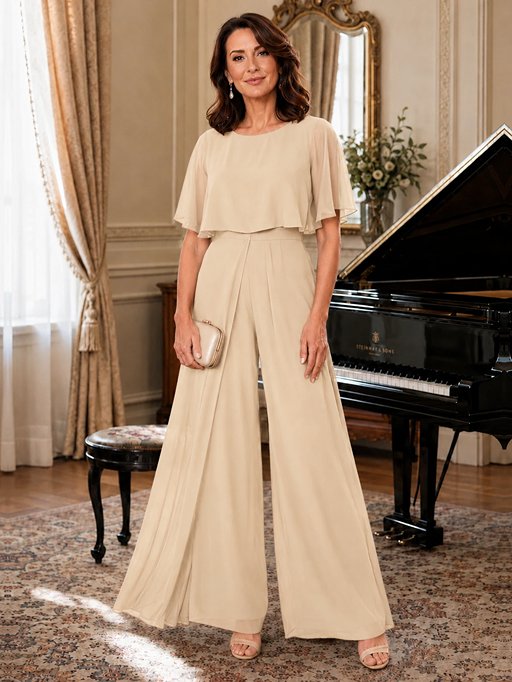 Chiffon Mother of the Bride Jumpsuit with Layered Cape Sleeves