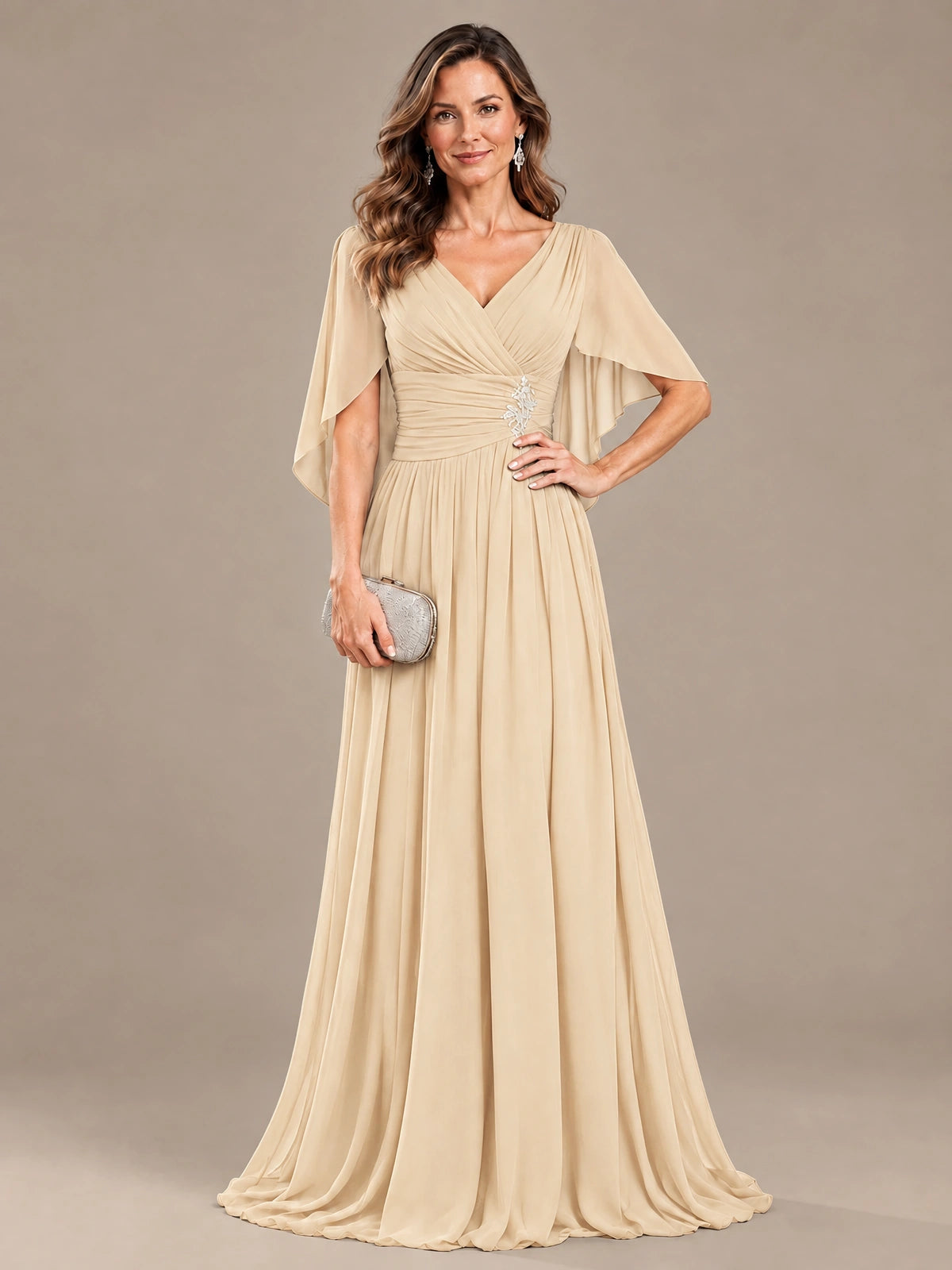 Ruched V Neck Mother of The Bride Dresses with Shawls Appliques and Cap Sleeves