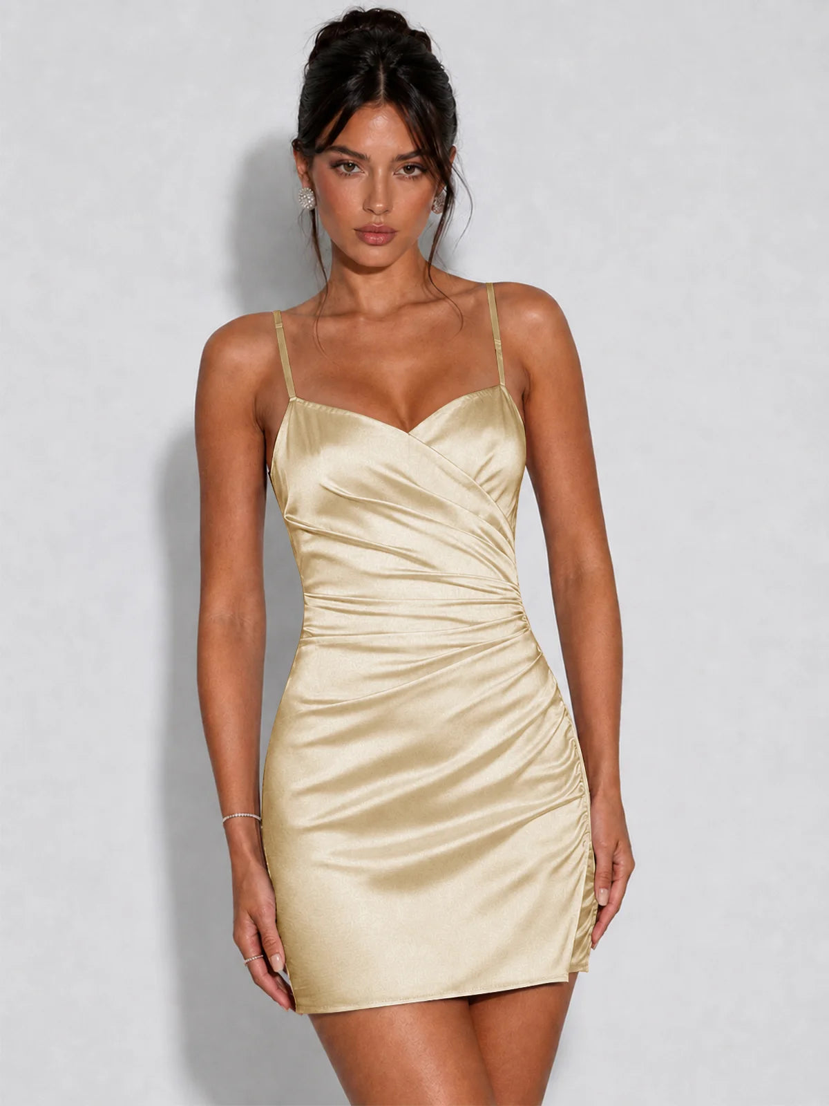 Satin Ruched Spaghetti Strap Homecoming Dress