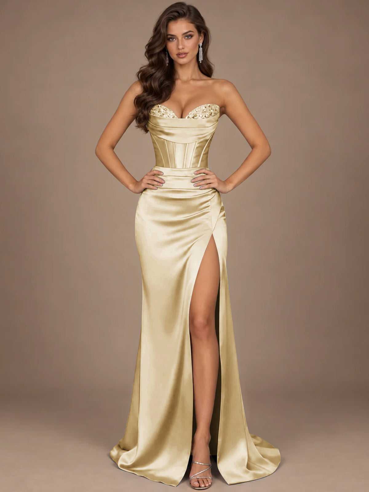 Dusty Blue Strapless Lace Corset Prom Dress with High Slit