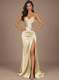 Dusty Blue Strapless Lace Corset Prom Dress with High Slit